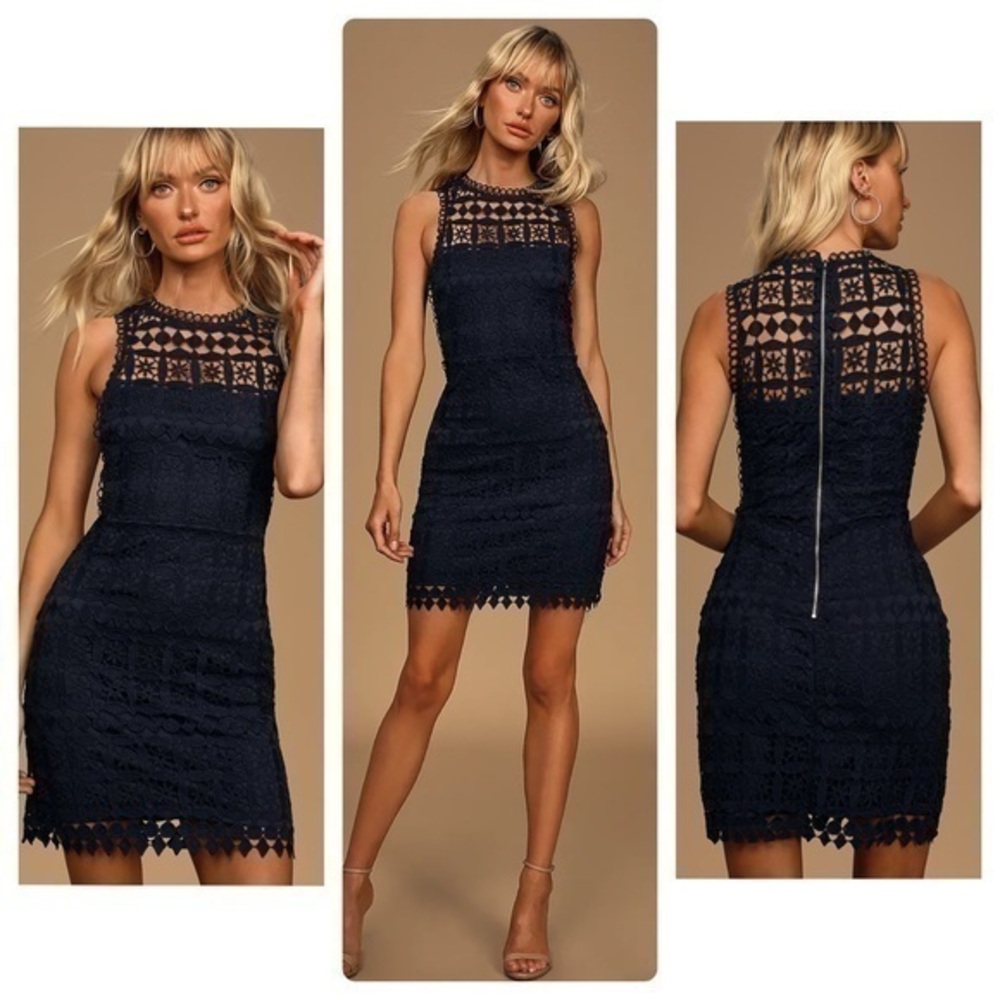Lulu’s Pay Tribute Navy Blue Crochet Lace Sheath Dress Medium M AE20